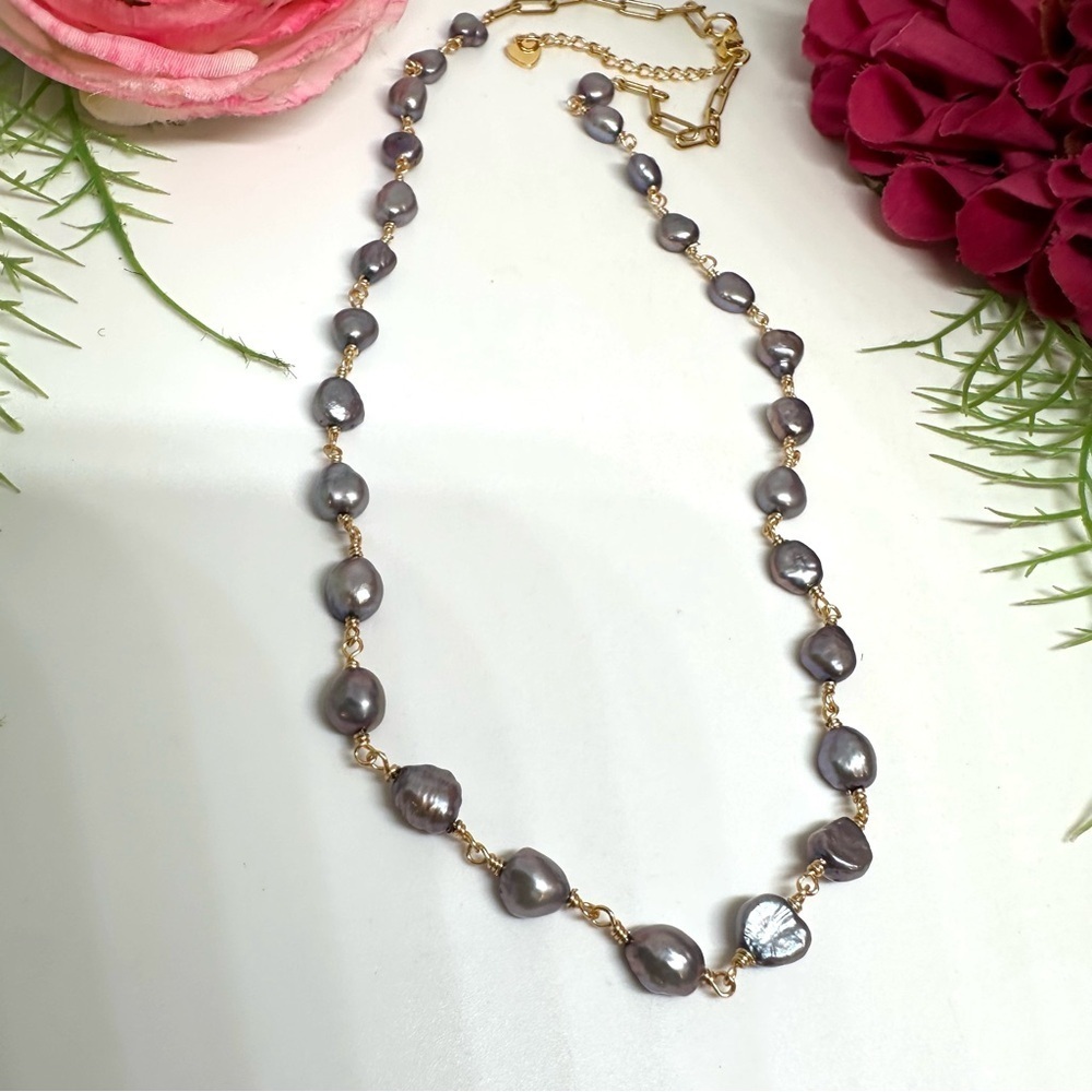 NEW⚜️Gray Freshwater Pearl Chain Link Necklace - Picture 4 of 7